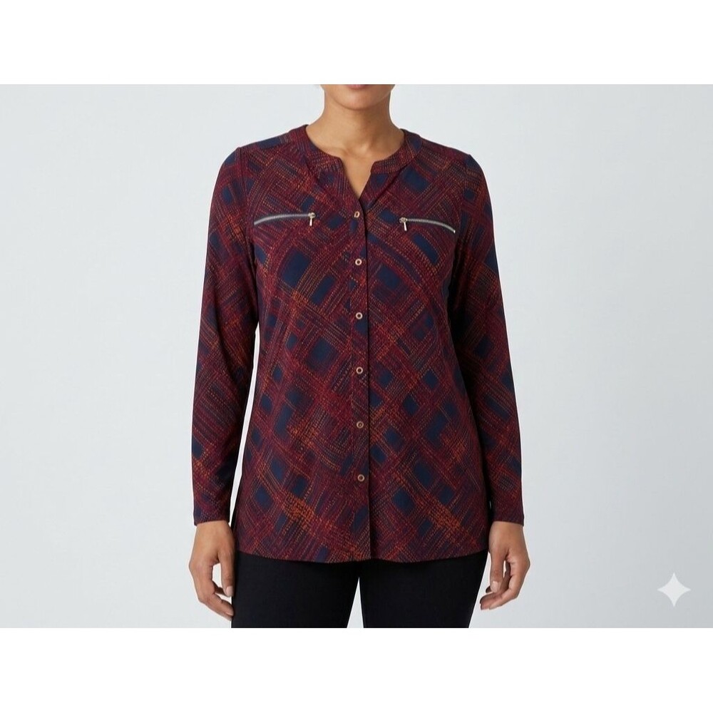 Susan Graver Liquid Knit Tunic Top M Plaid Zip Pocket Burgundy Blue Base A297141